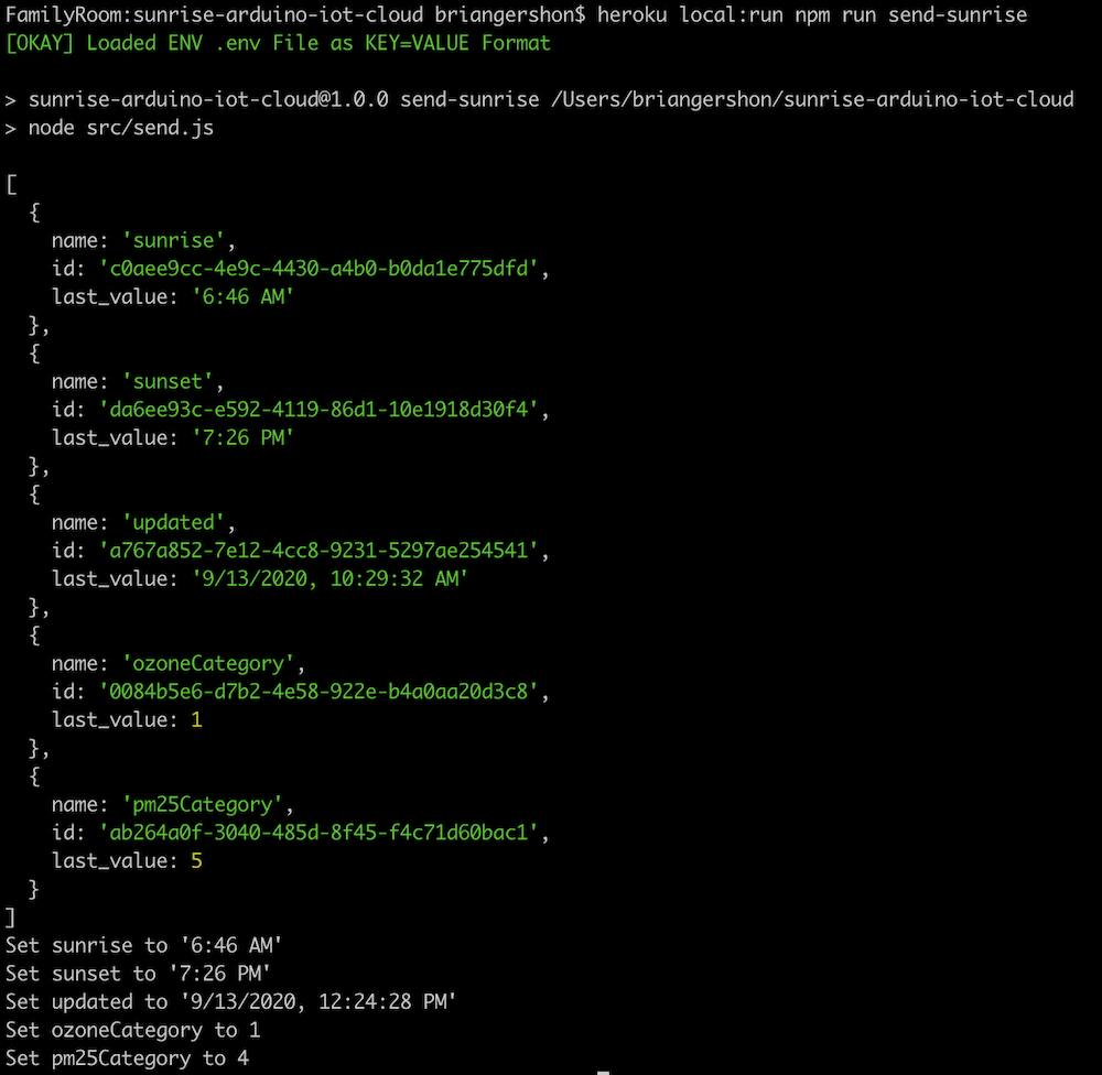 Screenshot of running task and sending data to IoT Cloud